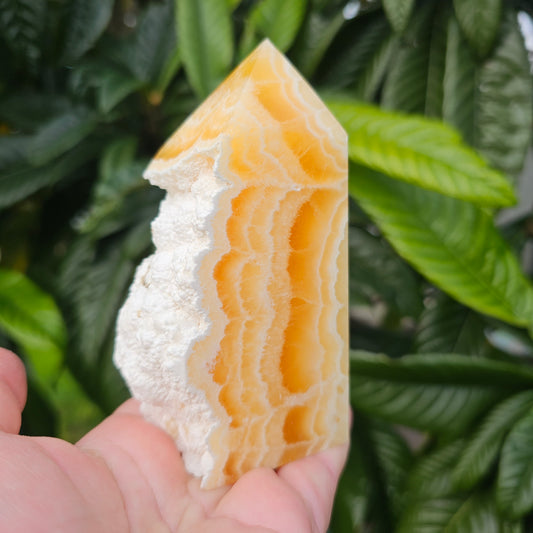 Polished yellow calcite slab tower with raw edge and beautiful banding.  Approx. 11.3 x 6 x 3.4  Approx. 415g | Birthday Gifts, Anniversary Gifts, Valentine's Day, Christmas, Easter, Eid, Mother's Day, Diwali, Hannukah, Women's, Girl's, Gifts for her, Gifts for Girlfriend, Gifts for Mom, Gifts for Mum, Gifts for Friend, Handmade Gifts, Handmade Jewelry, New Year's Eve, Graduation, Boho, Hippie, Minimalist, Gemstone, Crystal, Crystal Healing