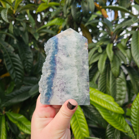 Polished Fluorite slab tower with raw edge.  Approx. 12.1 x 7.8 x 2.4  Approx. 535g | Birthday Gifts, Anniversary Gifts, Valentine's Day, Christmas, Easter, Eid, Mother's Day, Diwali, Hannukah, Women's, Girl's, Gifts for her, Gifts for Girlfriend, Gifts for Mom, Gifts for Mum, Gifts for Friend, Handmade Gifts, Handmade Jewelry, New Year's Eve, Graduation, Boho, Hippie, Minimalist, Gemstone, Crystal, Crystal Healing