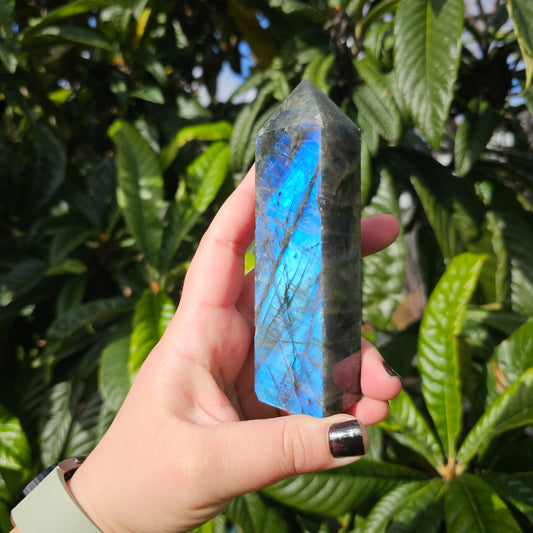 High blue flash Labradorite tower 3 Approx. 12.7 x 3.6 x 2.6  Approx. 275g | Birthday Gifts, Anniversary Gifts, Valentine's Day, Christmas, Easter, Eid, Mother's Day, Diwali, Hannukah, Women's, Girl's, Gifts for her, Gifts for Girlfriend, Gifts for Mom, Gifts for Mum, Gifts for Friend, Handmade Gifts, Handmade Jewelry, New Year's Eve, Graduation, Boho, Hippie, Minimalist, Gemstone, Crystal, Crystal Healing
