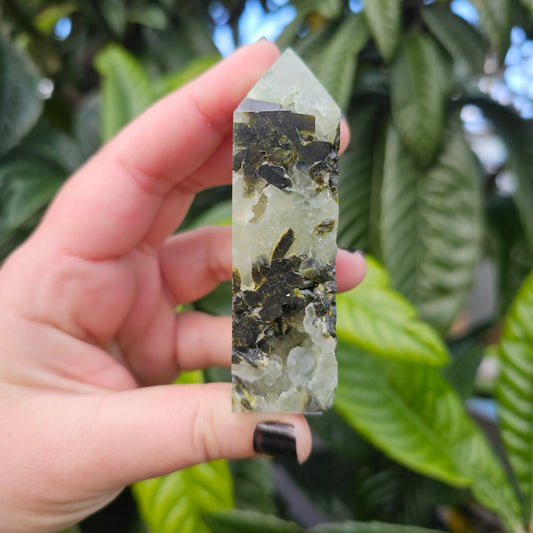 Prehnite and Epidote Tower Obelisk 2 Approx. 8.5 x 2.7 x 2.5 Approx. 131g | Birthday Gifts, Anniversary Gifts, Valentine's Day, Christmas, Easter, Eid, Mother's Day, Diwali, Hannukah, Women's, Girl's, Gifts for her, Gifts for Girlfriend, Gifts for Mom, Gifts for Mum, Gifts for Friend, Handmade Gifts, Handmade Jewelry, New Year's Eve, Graduation, Boho, Hippie, Minimalist, Gemstone, Crystal, Crystal Healing