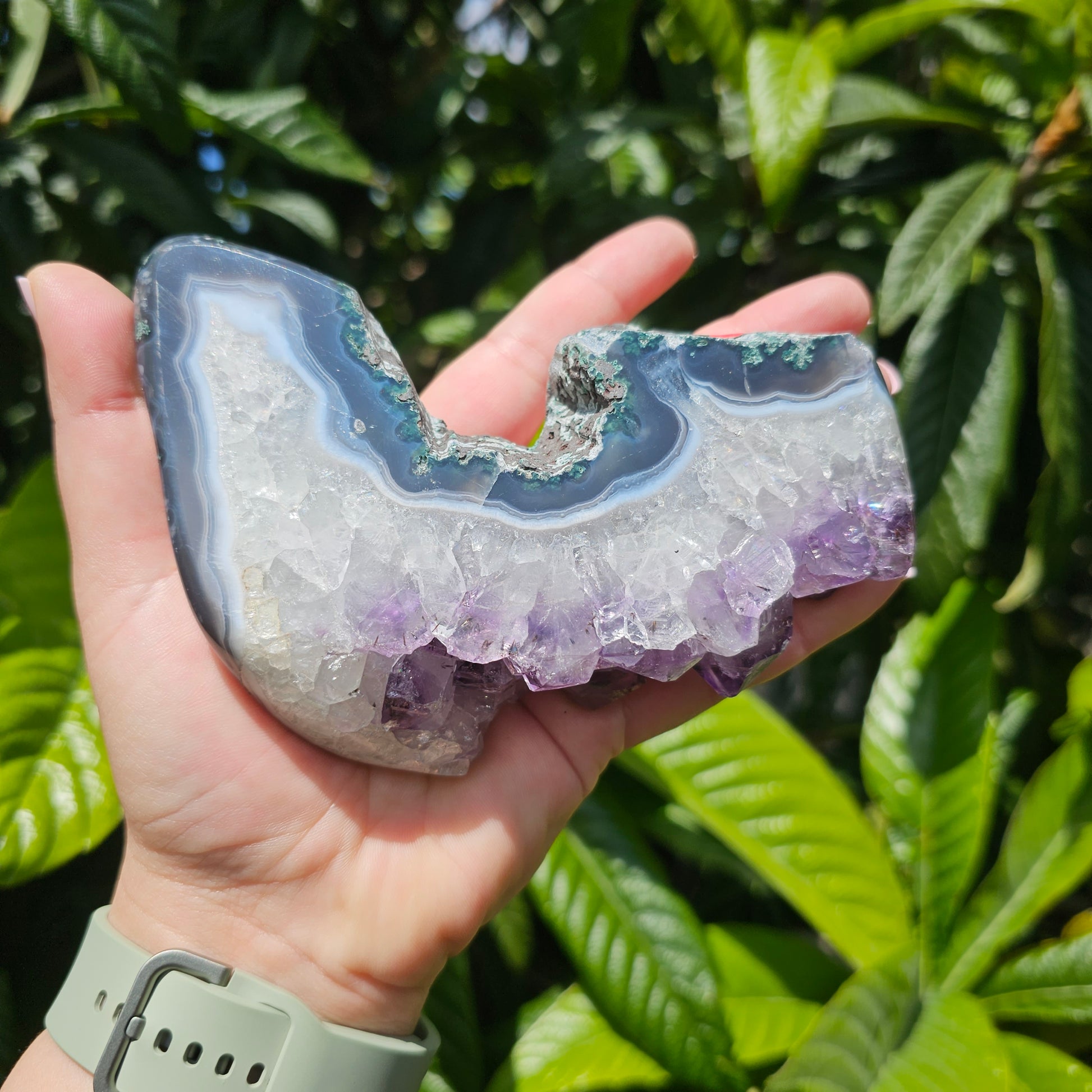 High polish irregular shaped Amethyst from Brazil with Agate banding | Home decor, pink amethyst carving, xmas gift, christmas gift, housewarming gift, red pink amethyst, special piece, crystal present
