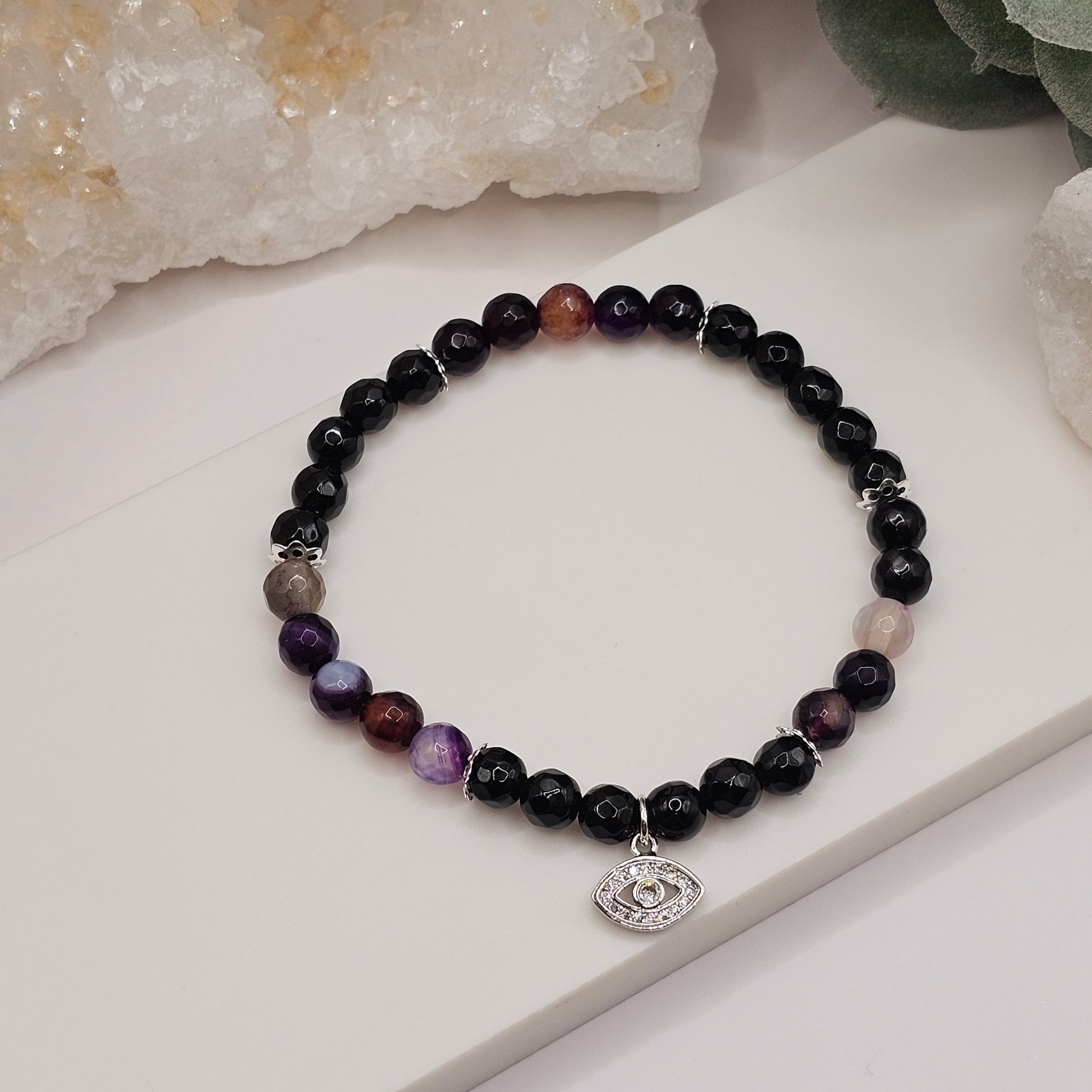 Protection bracelet - Madagascar Agate and Onyx Evil Eye Gemstone stretch bracelet | Valentines Day gift