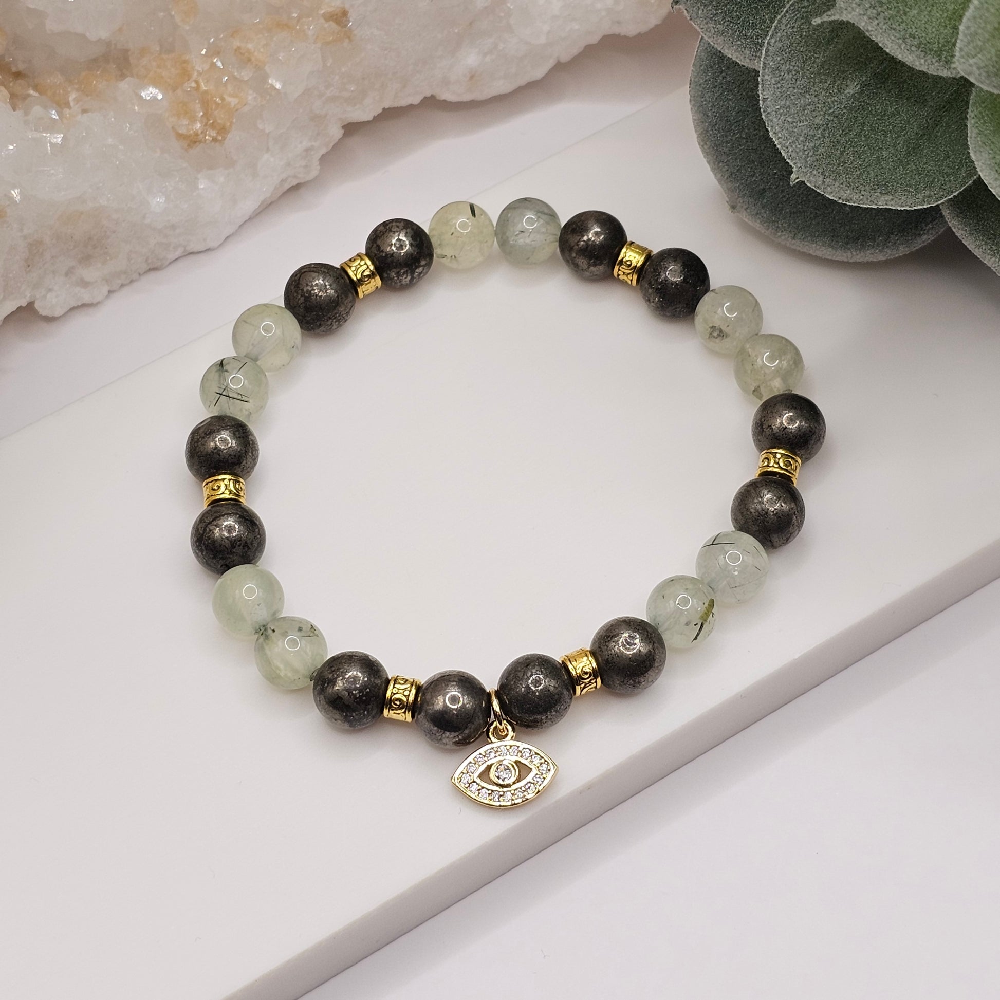 Protection bracelet - Prehnite and Pyrite evil eye charm stretch bracelet | Gemstone jewellery | Valentines Day gift