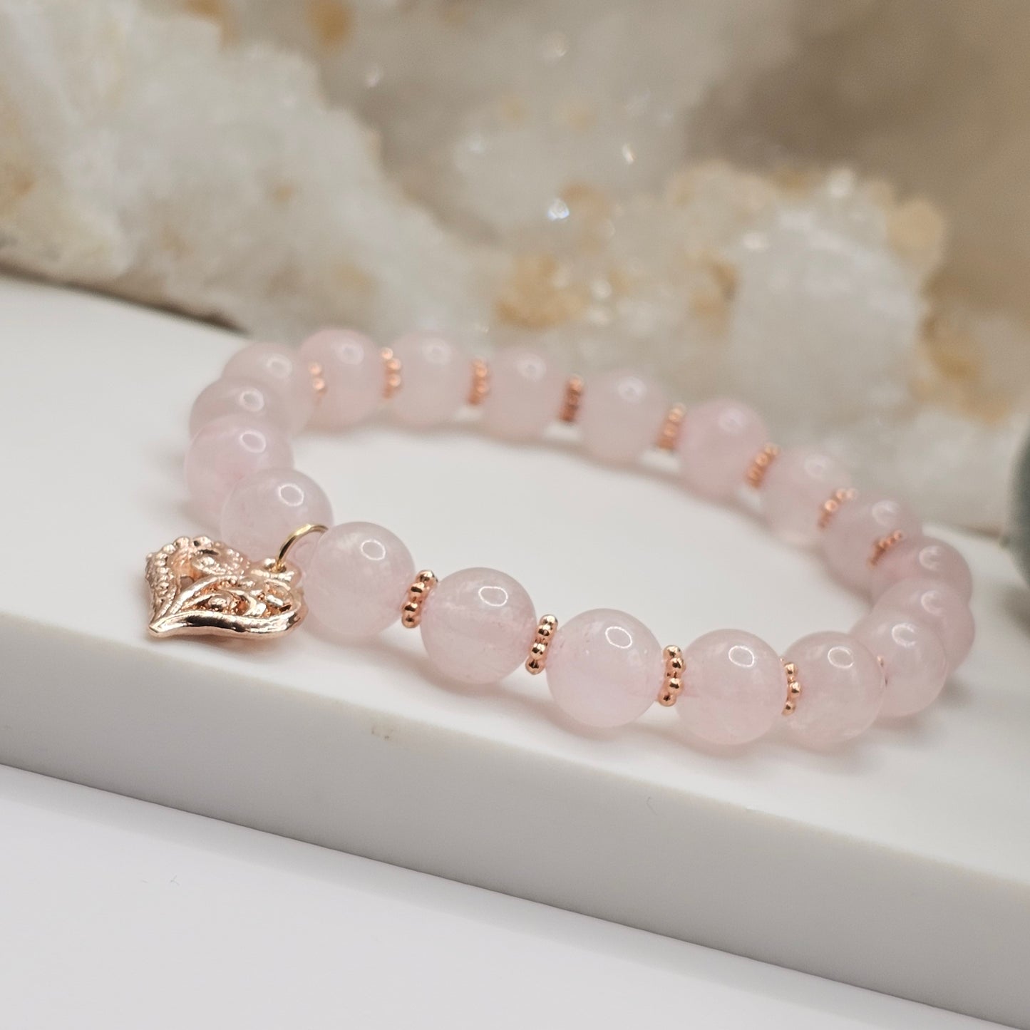 Love bracelet - Rose Quartz rose gold heart charm stretch bracelet | Valentines Day Gift | Gemstone bracelet