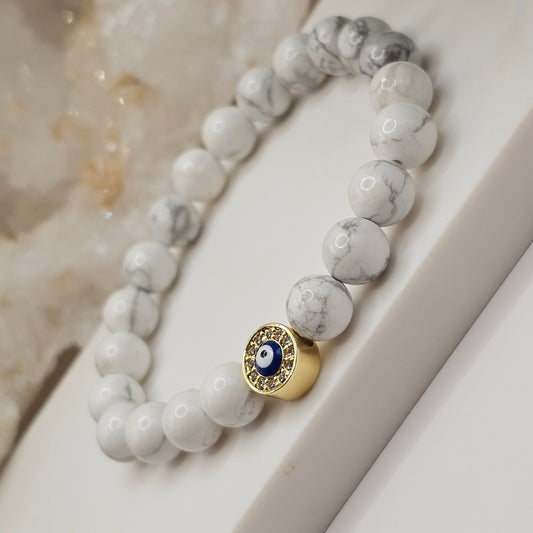 Nazar Bracelet - Howlite 18k gold plated evil eye gemstone jewellery stretch bracelet