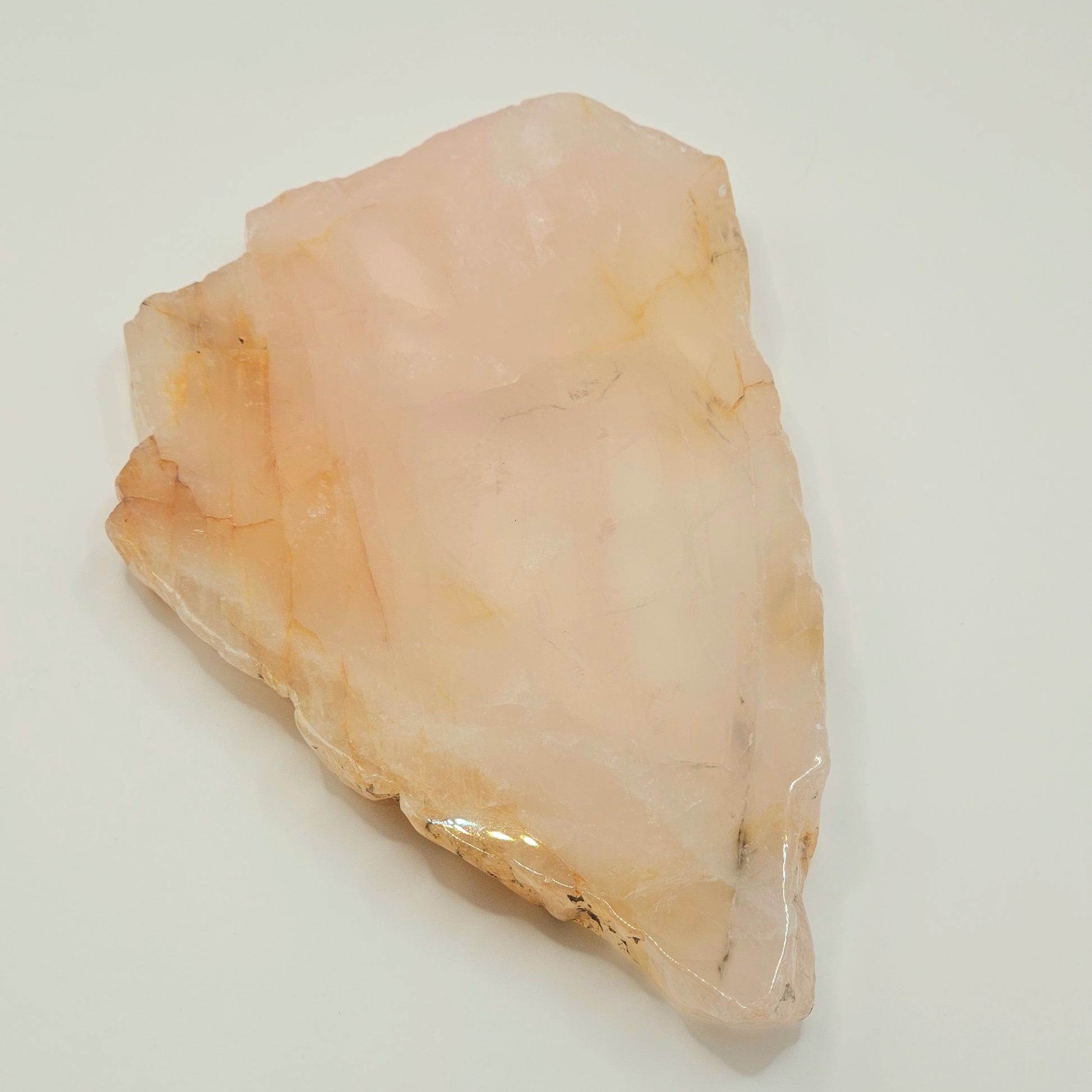High quality Rose Quartz slab from Mozambique with dendritic inclusions and rainbows.