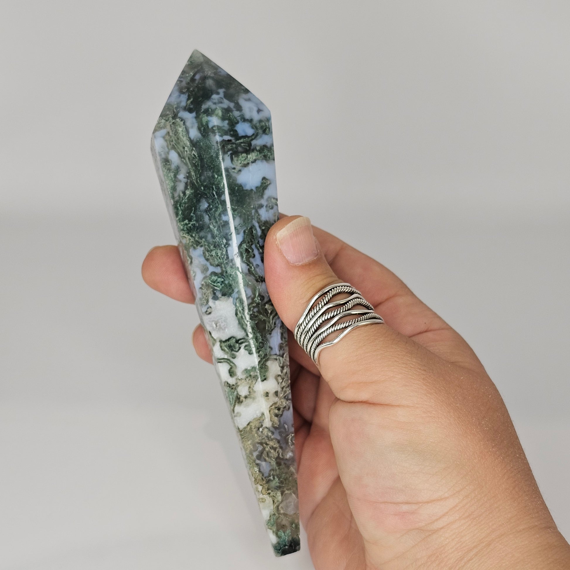 Stunning Moss Agate wand with beautiful blue Chalcedony and Quartz druzy pocket.