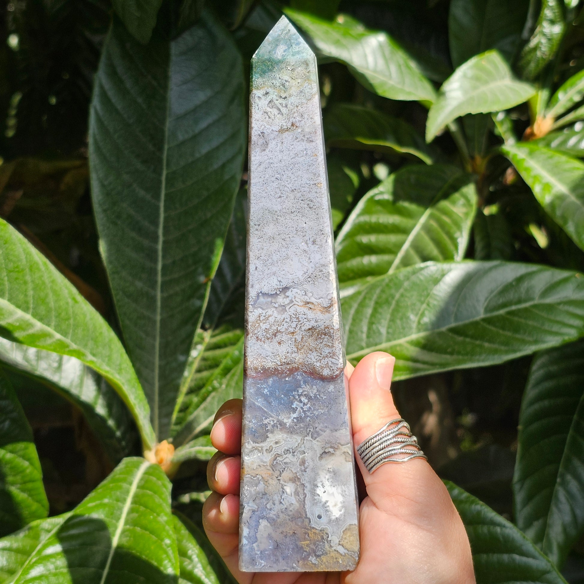 Beautiful tall purple Moss Agate obelisk with druzy and amazing details