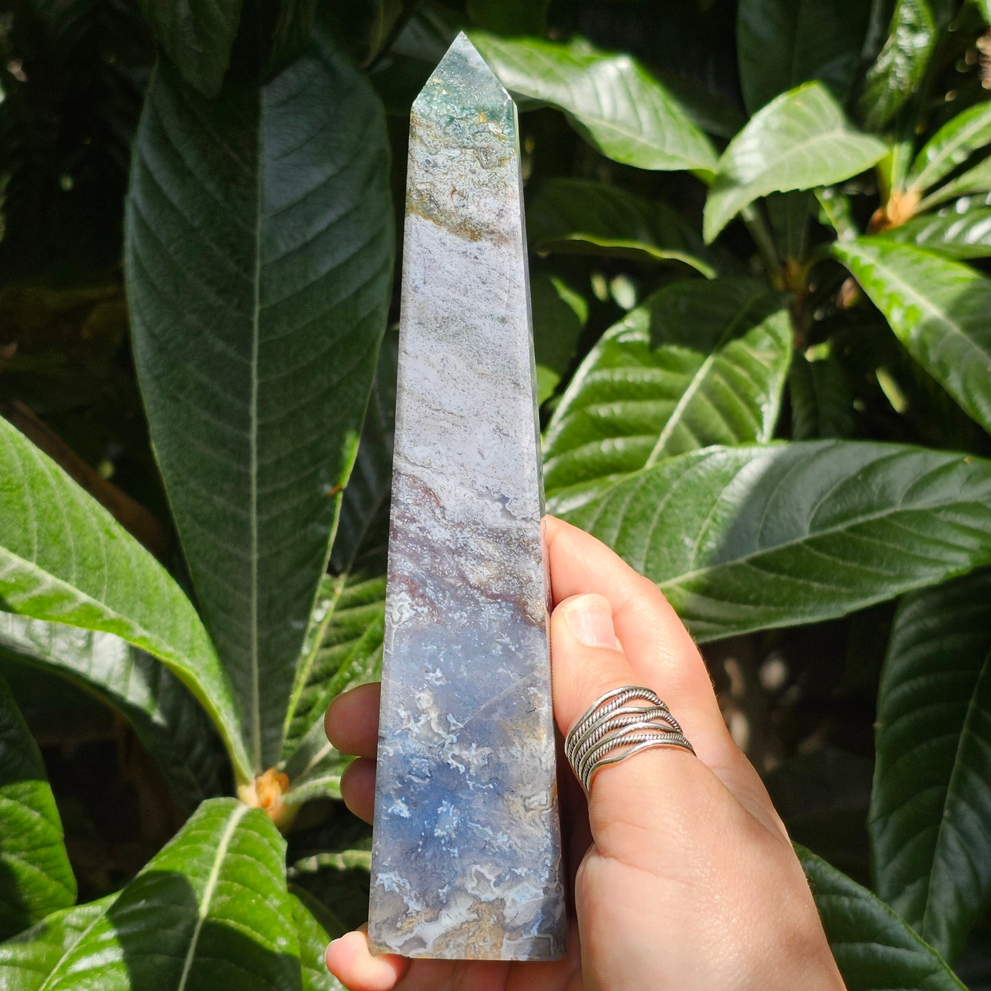 Beautiful tall purple Moss Agate obelisk with druzy and amazing details