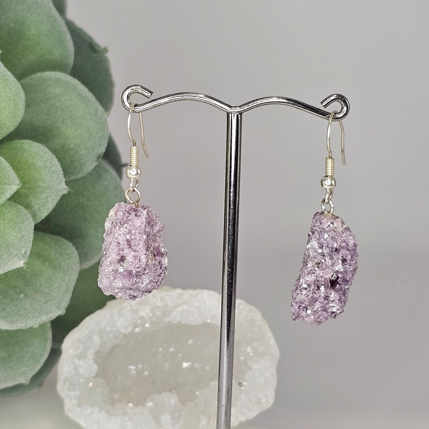 Raw Lepidolite silver plated earrings with hypo-allergenic ear wires.