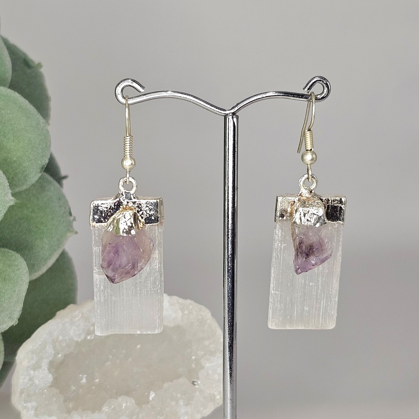 Brazilian Selenite and Amethyst silver plated earrings with hypo-allergenic ear wires.