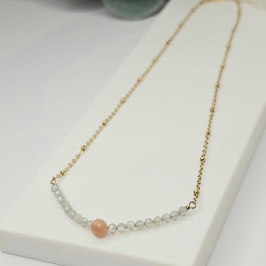 Gold toned stainless steel chain adorned with dainty Sunstone and Labradorite beads.