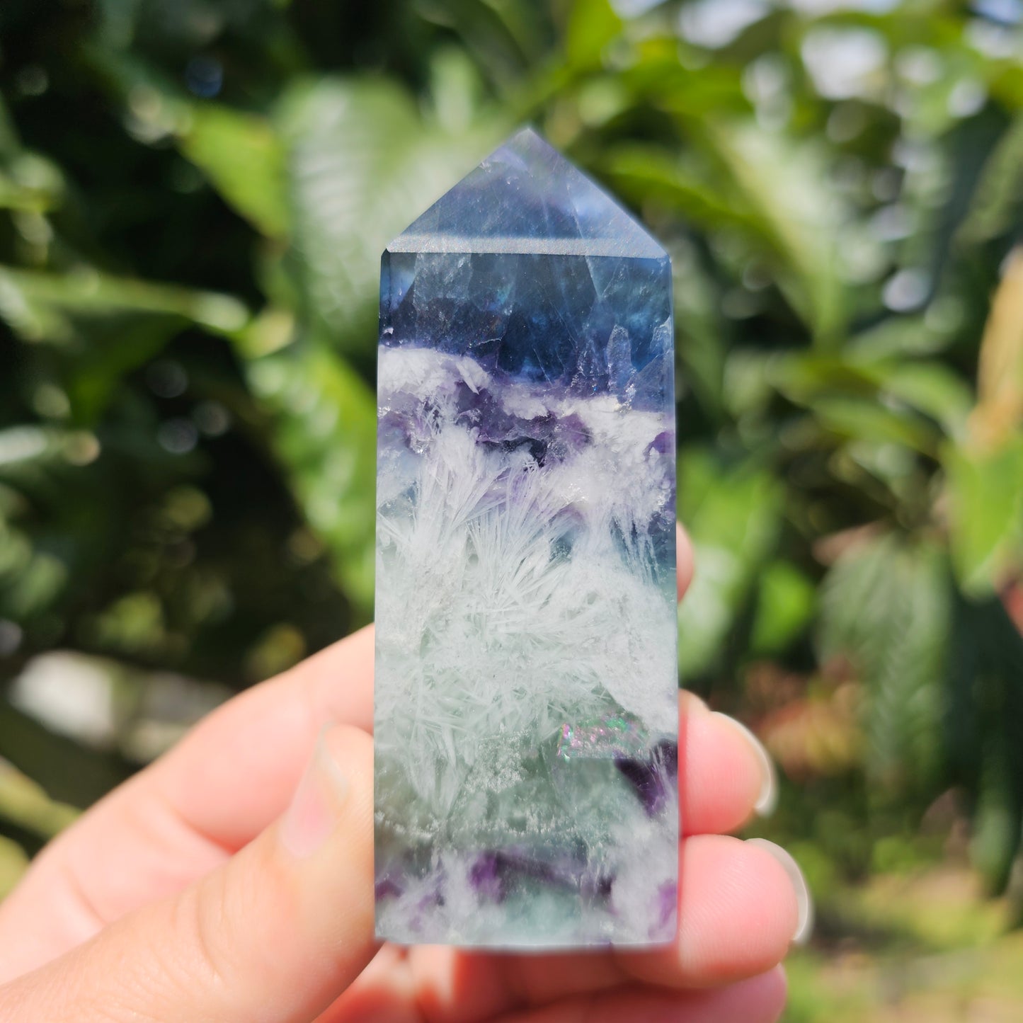 Vibrant high quality Feather Fluorite tower.