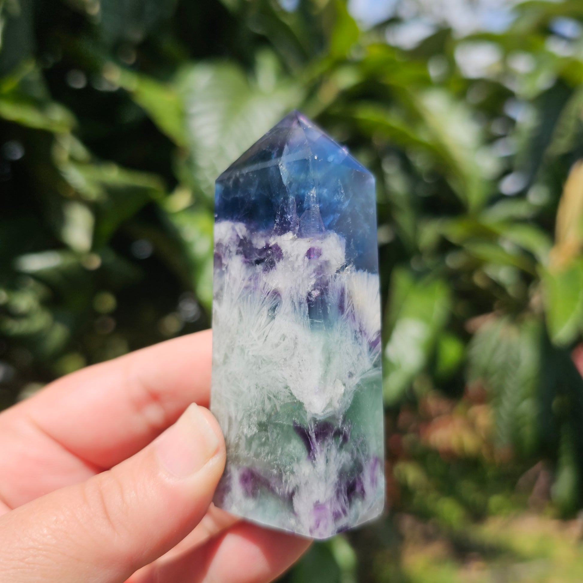 Vibrant high quality Feather Fluorite tower.