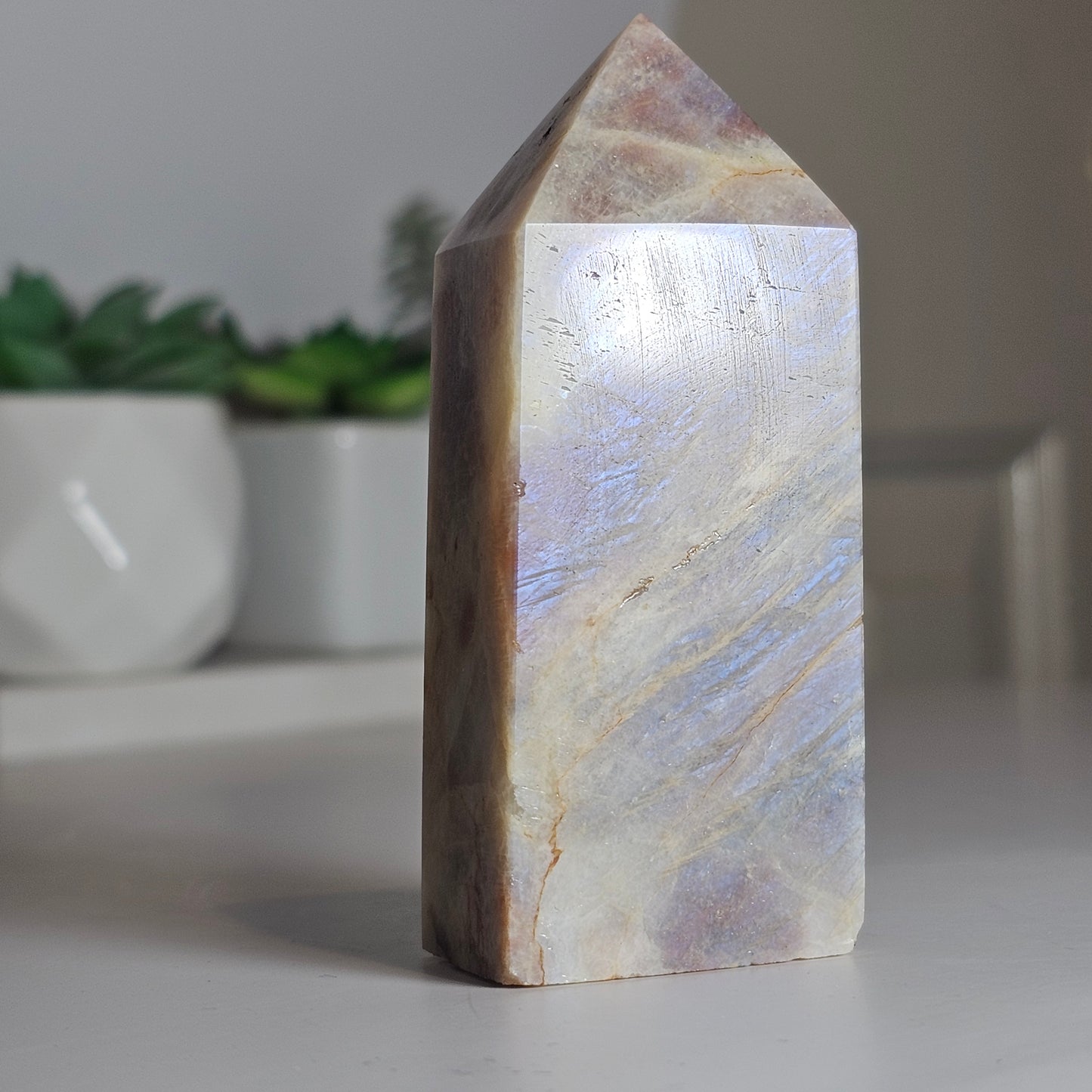 Gorgeous blue flash Moonstone tower with Sunstone.