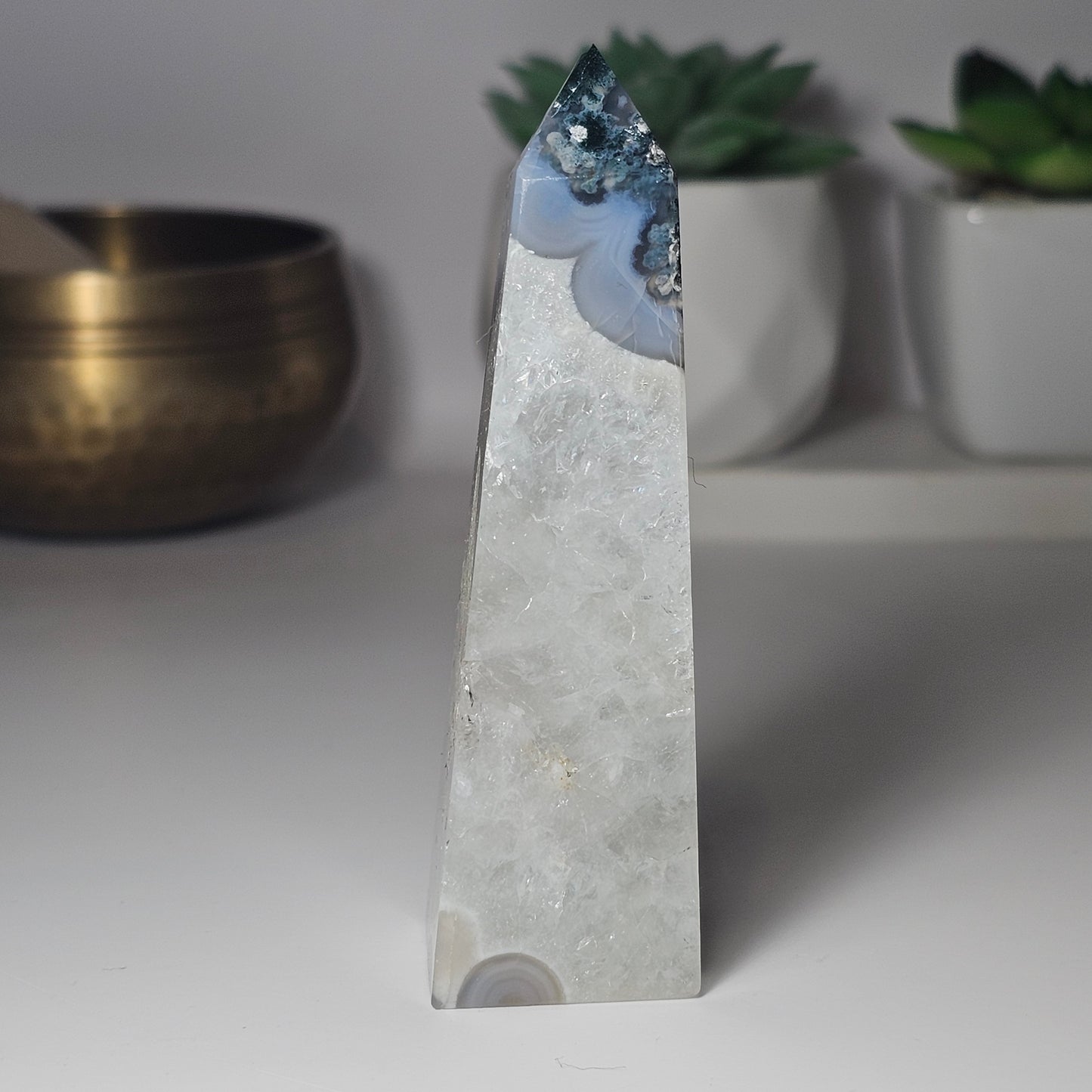 Beautiful Moss Agate and Quartz obelisk with blue Chalcedony.