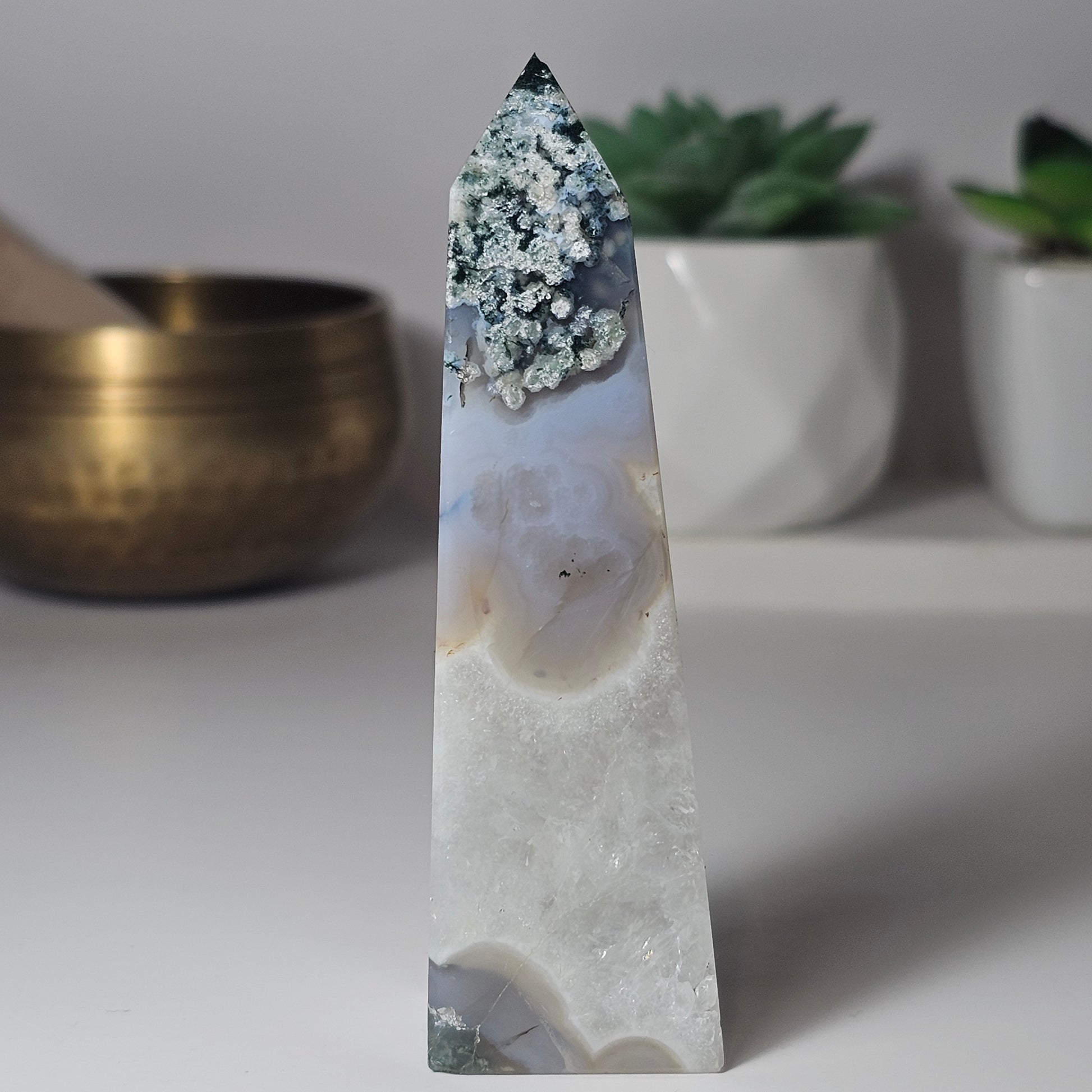 Beautiful Moss Agate and Quartz obelisk with blue Chalcedony.