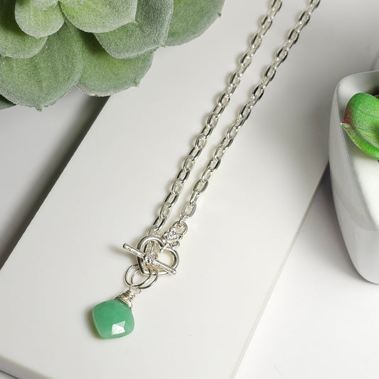 'Clasp the heart' necklace | A wire wrapped stunning Green Chalcedony bead suspended from a silver toned heart clasp and fastened to a iron paperclip chain. Necklace length: 45cm focal drop length: 2.5cm