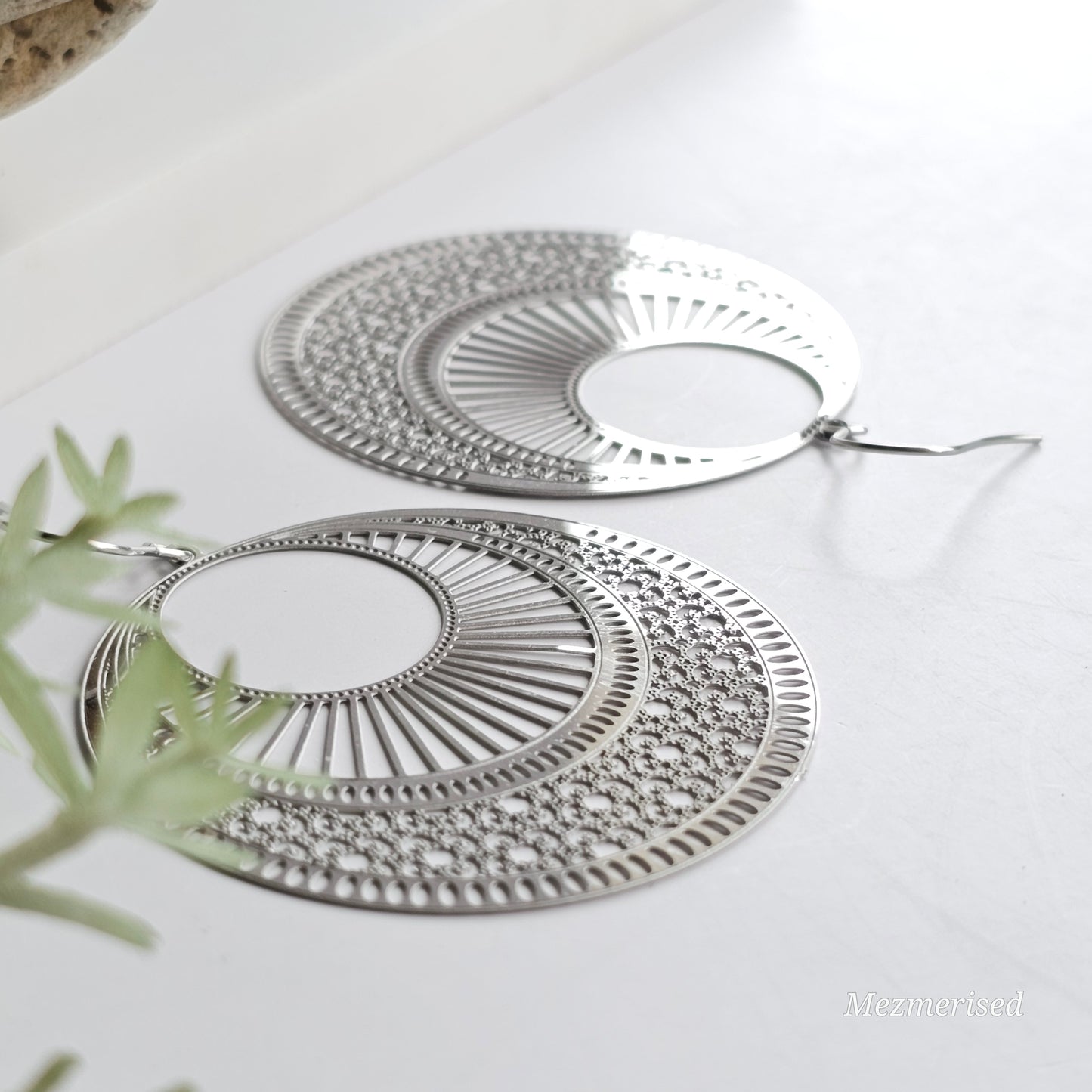 Large round filigree silver earrings