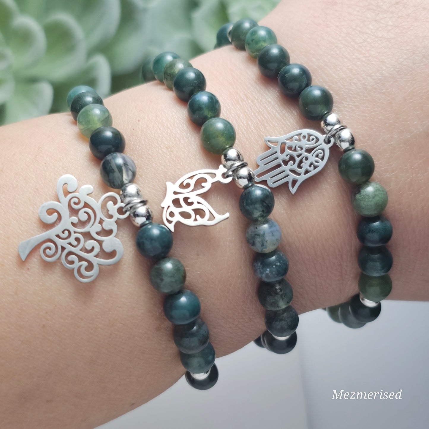 Silver Charm Moss Agate Bracelets | Butterfly, Hamsa Hand, Tree of Life
