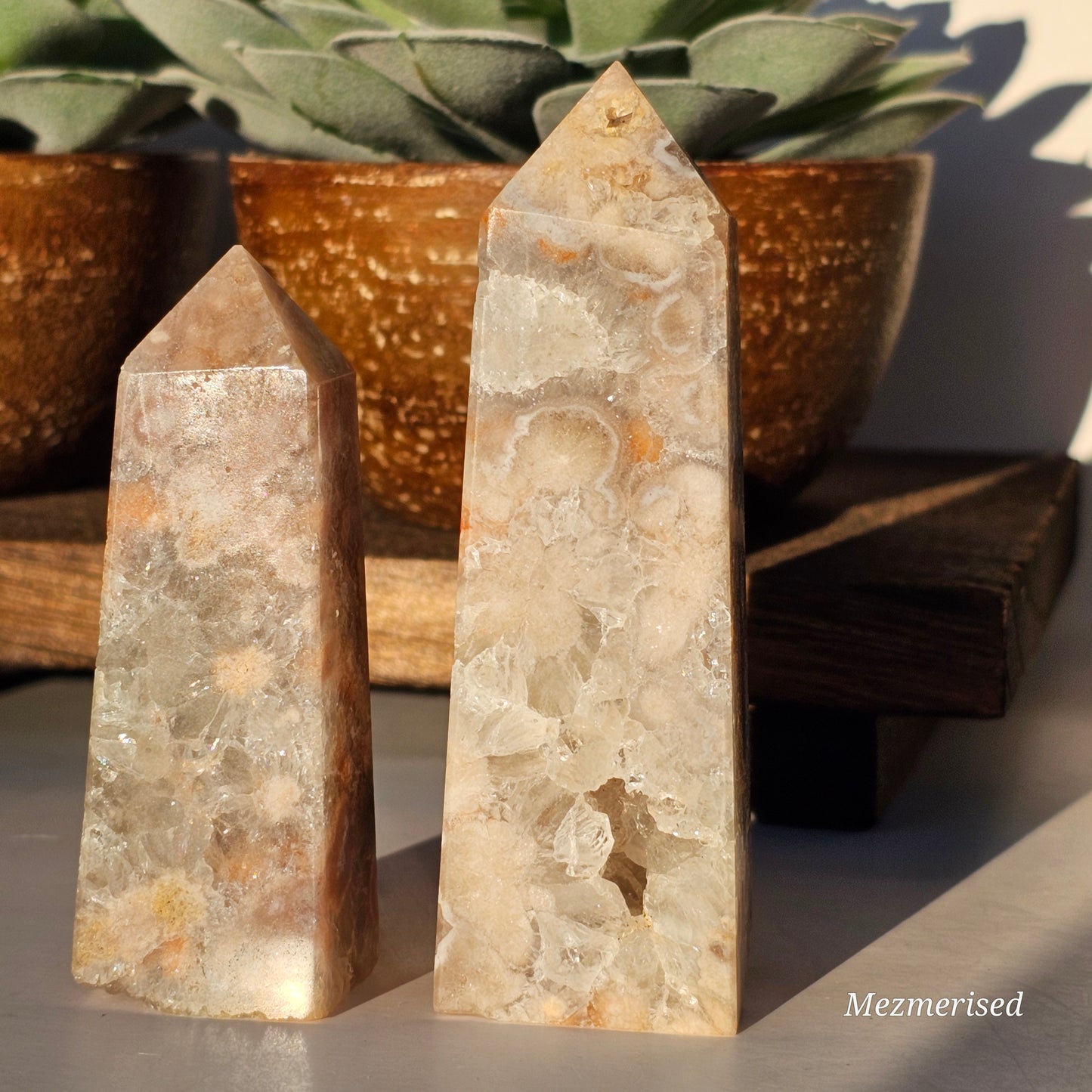 Flower Agate & Quartz Obelisks