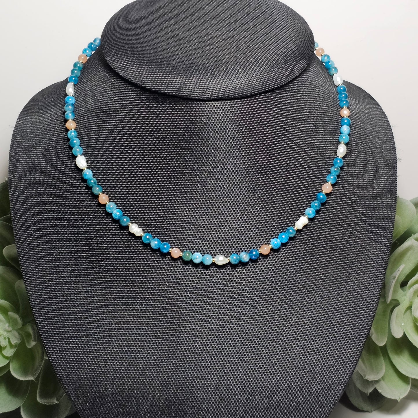 Blue Apatite, Sunstone and Freshwater Pearl Necklace