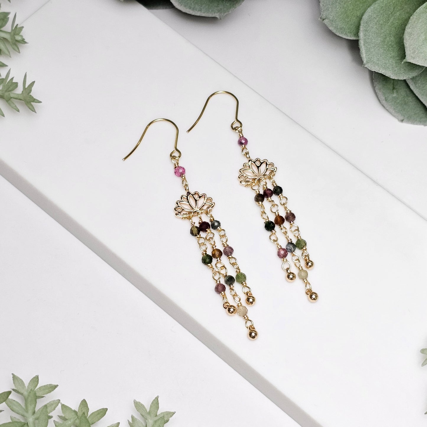Colourful Tourmaline Lotus Dangle Earrings