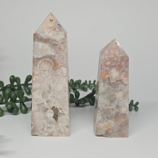 Flower Agate & Quartz Obelisks