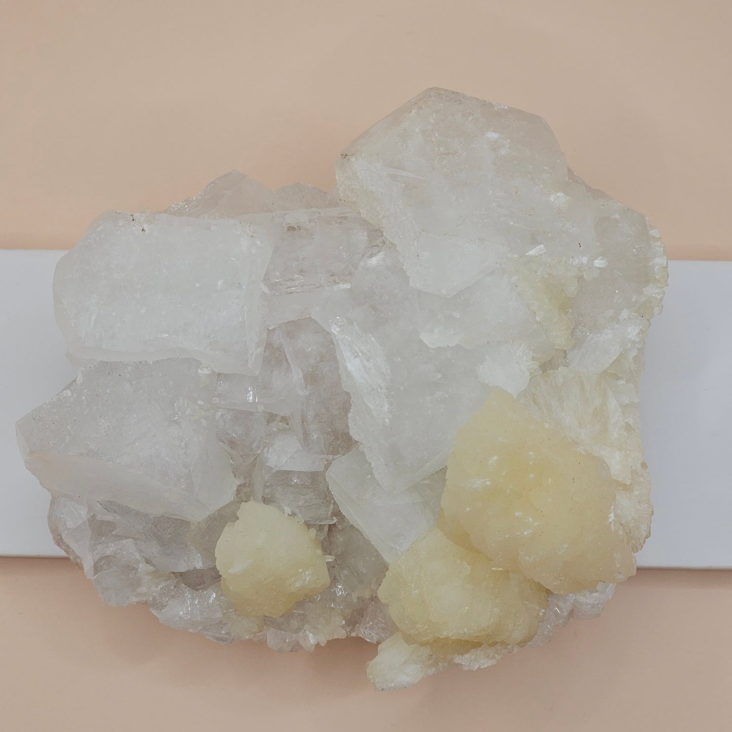 Apophyllite and Peach Stilbite Specimen Natural Crystal Cluster with Sparkling Points and Soft Peach Formations