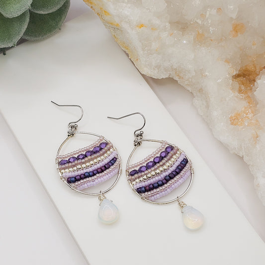 Lilla Earrings | sterling silver plated wire wrapped Opalite, Japanese seed bead and Czech fire polish bead earrings | handmade jewellery Australia | gift for woman