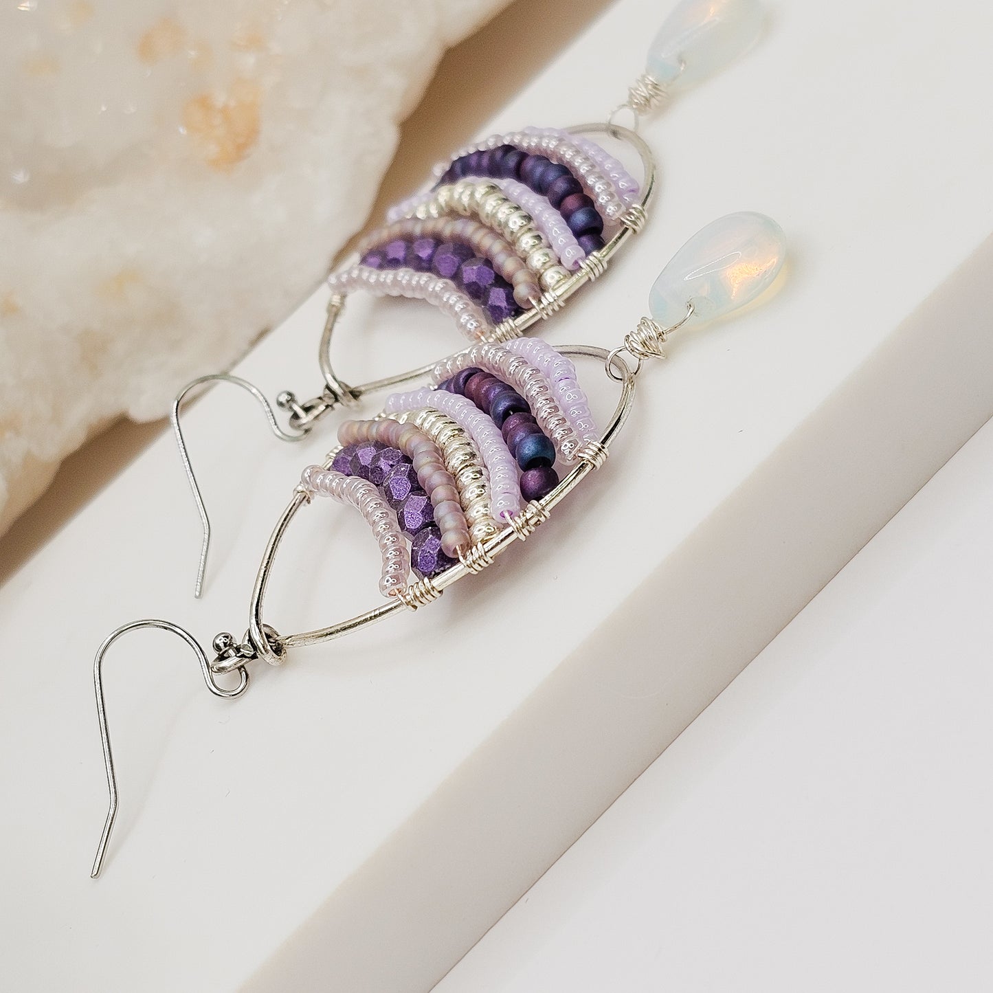 Lilla Earrings | sterling silver plated wire wrapped Opalite, Japanese seed bead and Czech fire polish bead earrings | handmade jewellery Australia | gift for woman