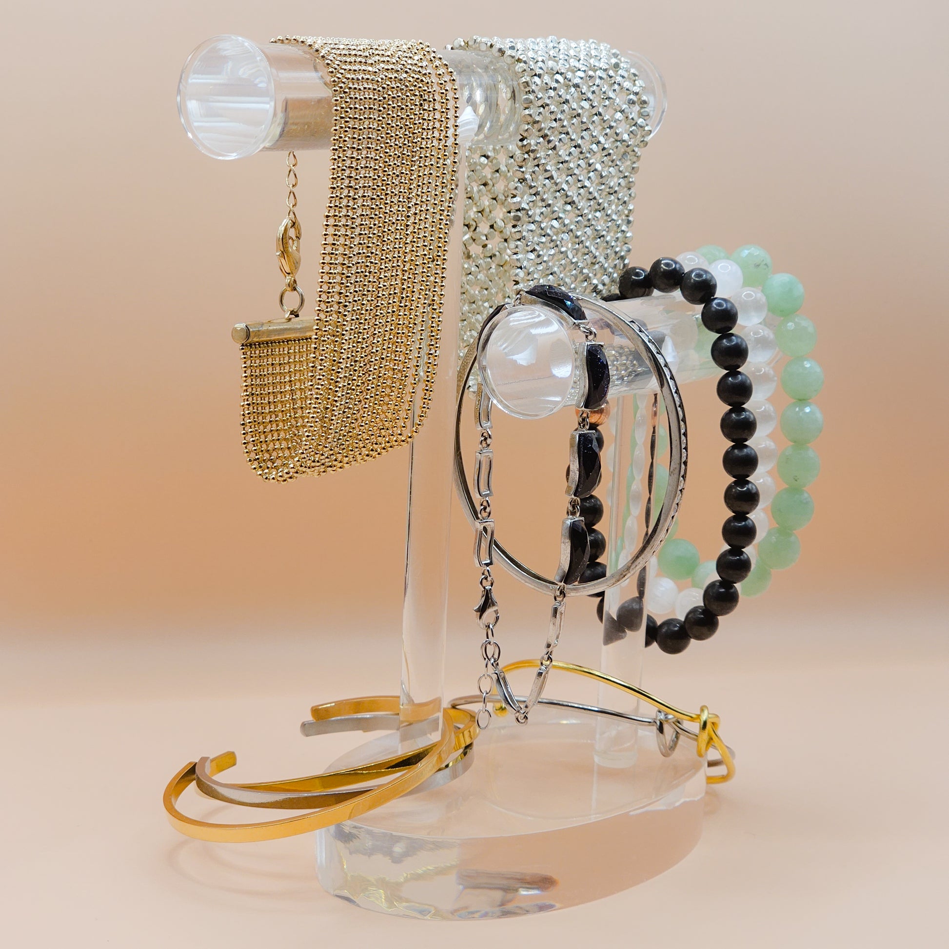 Acrylic 2 Tier T-Bar Bracelet Display Stand | bracelet necklace anklet scrunchie display | shop displays, craft market stall jewellery display stands