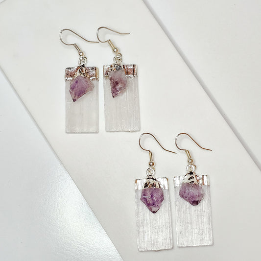 Brazilian Selenite and Amethyst silver plated earrings with hypo-allergenic ear wires.