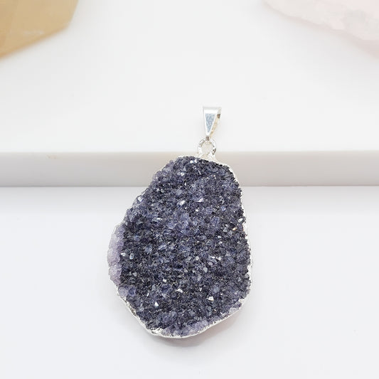 Rainbow Amethyst cluster pendant option 1 featuring deep purple tones and natural raw crystal points.