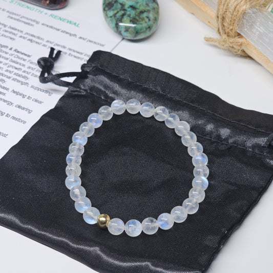 Rainbow Moonstone bracelet showing natural blue flash and high quality beads.