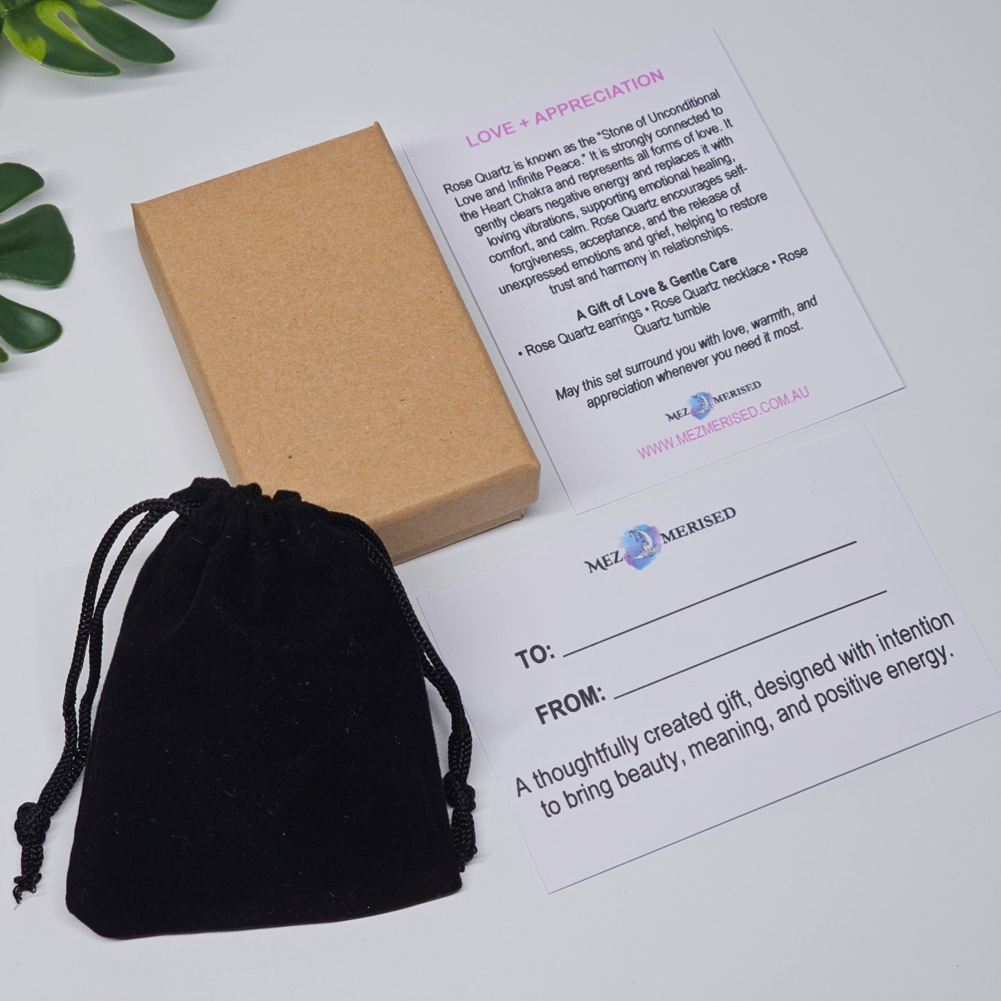 Rose Quartz jewellery and crystal set packaged in gift box with velvet pouch, information card and to & from gift card.