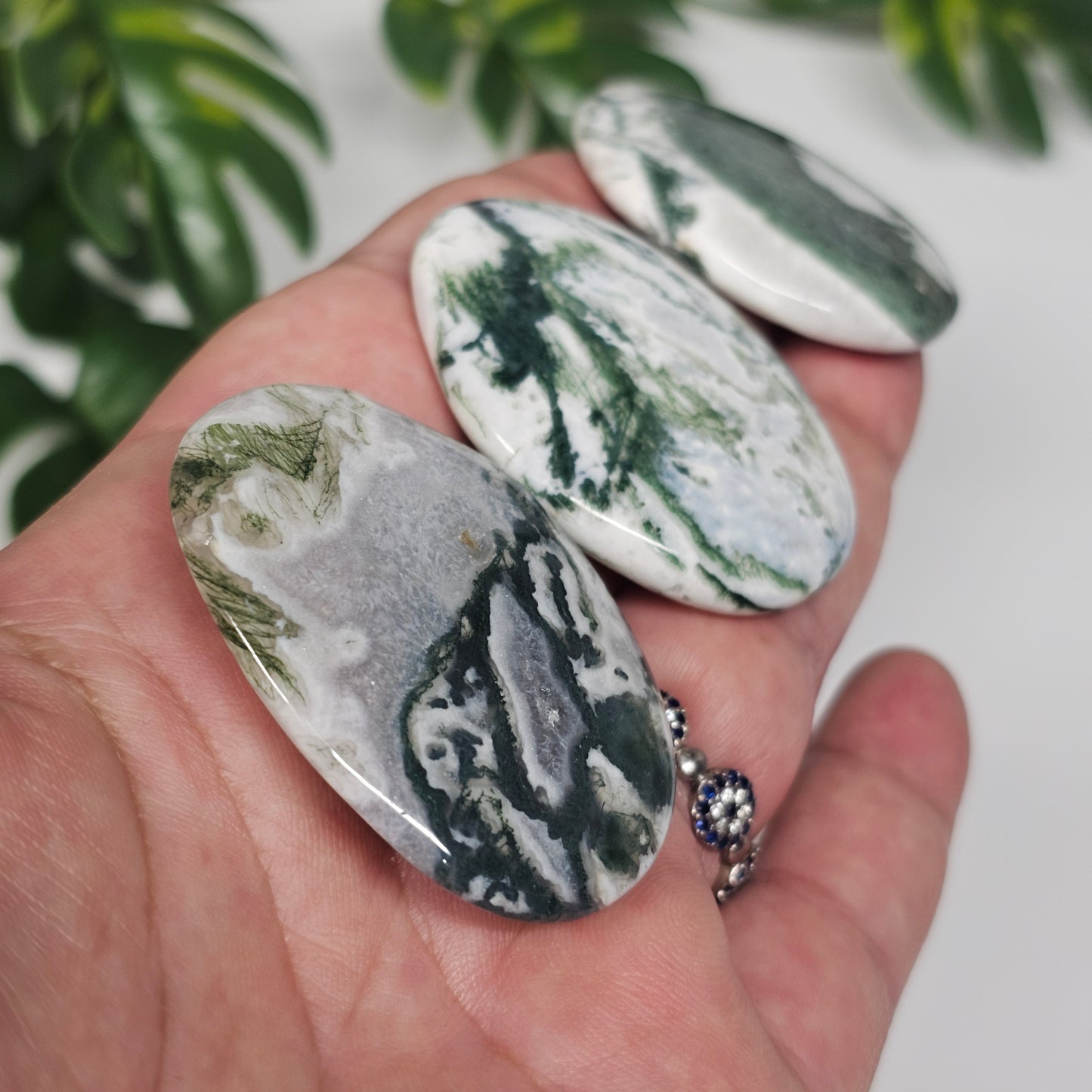 Three Tree Agate palm stones displayed side by side on the palm from a side angle, showcasing their thickness, polished edges, and overall shape.