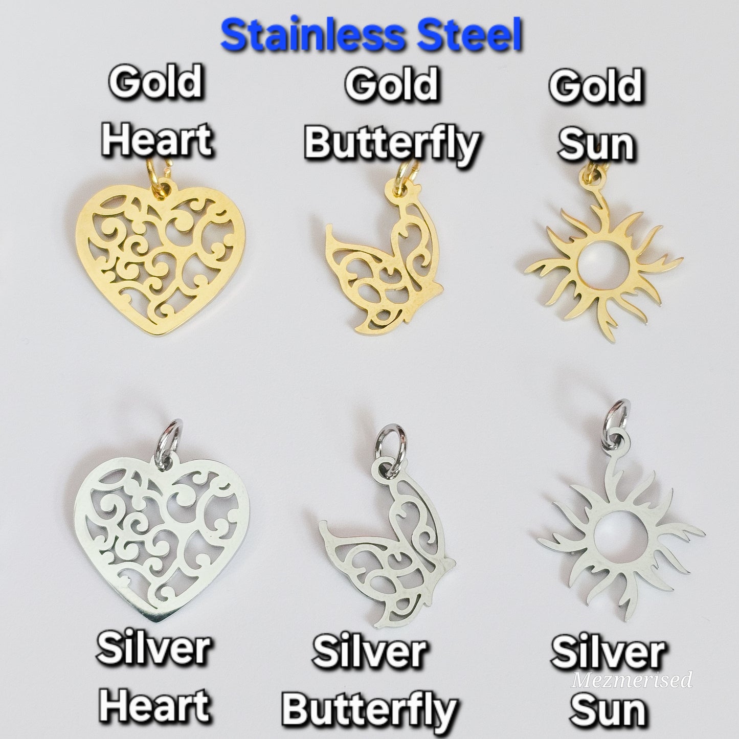 Stainless steel charm bracelet options with heart, butterfly and sun charms in gold and silver, meaningful everyday jewellery
