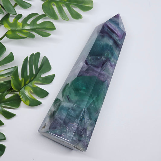 Fluorite crystal tower showing natural colour layers and polished finish