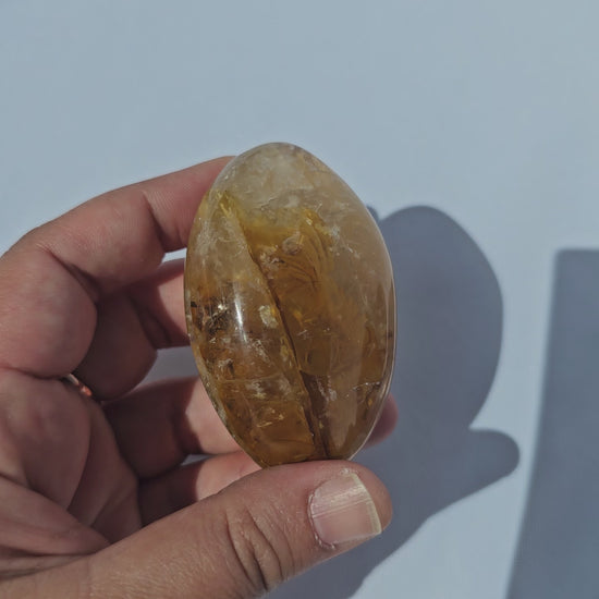 Stunning translucent Golden Healer palm stone with beautiful Dendritic inclusions.