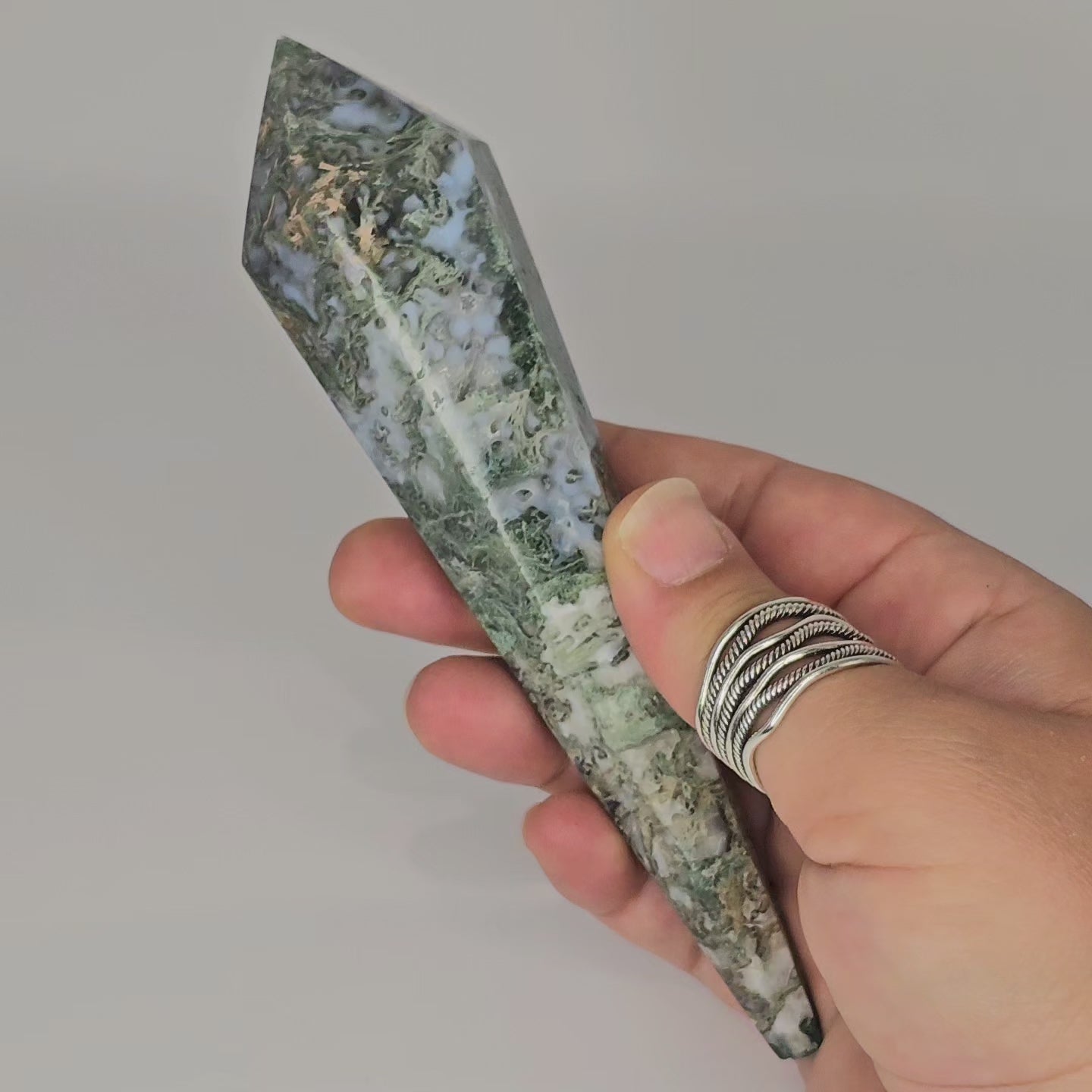 Stunning Moss Agate wand with beautiful blue Chalcedony and Quartz druzy pocket.