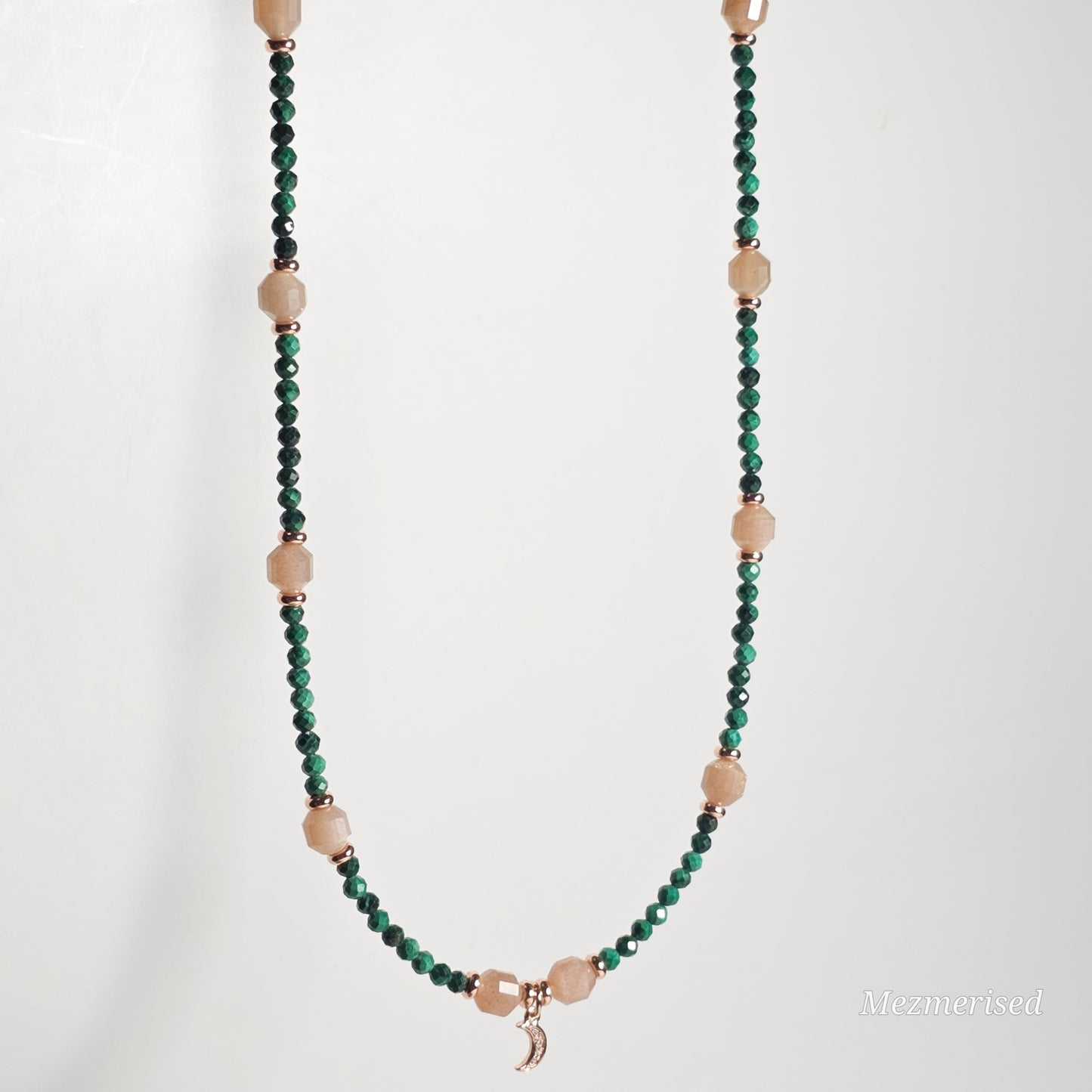 Malachite & Sunstone Rose Gold Crescent Necklace
