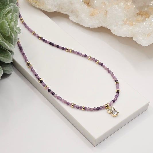 Wisdom Necklace - Lavender Jade | Delicate, faceted Lavender Jade bead necklace with an 18k gold plated Cubic Zirconia owl pendant and stainless steel clasp | Valentine's Day, Handmade Gemstone Jewellery