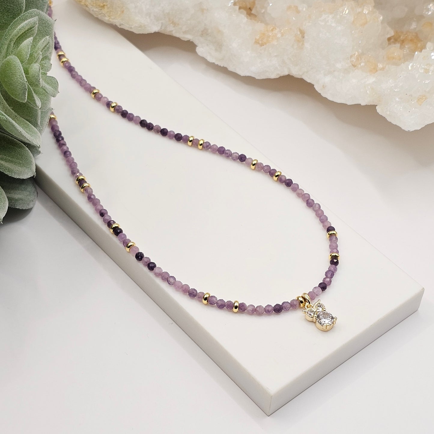 Wisdom Necklace - Lavender Jade | Delicate, faceted Lavender Jade bead necklace with an 18k gold plated Cubic Zirconia owl pendant and stainless steel clasp | Valentine's Day, Handmade Gemstone Jewellery