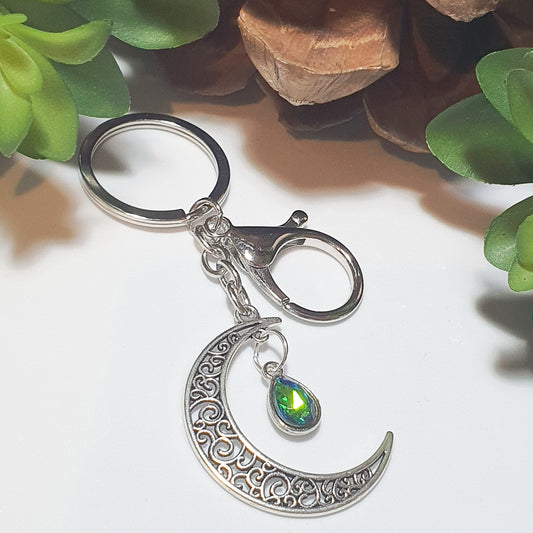 Silver Crescent Keychain with Aurora charm.