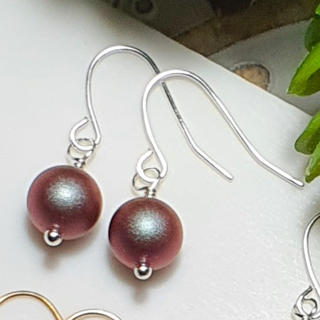 Silver iridescent red 8mm Swarovski Pearl earrings