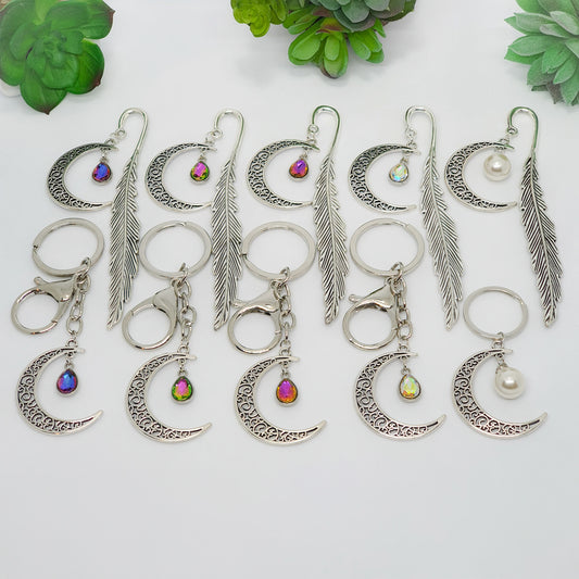 Silver Multi Coloured Crescent Leaf Bookmark and Keychain gift sets, end of year, teacher, student