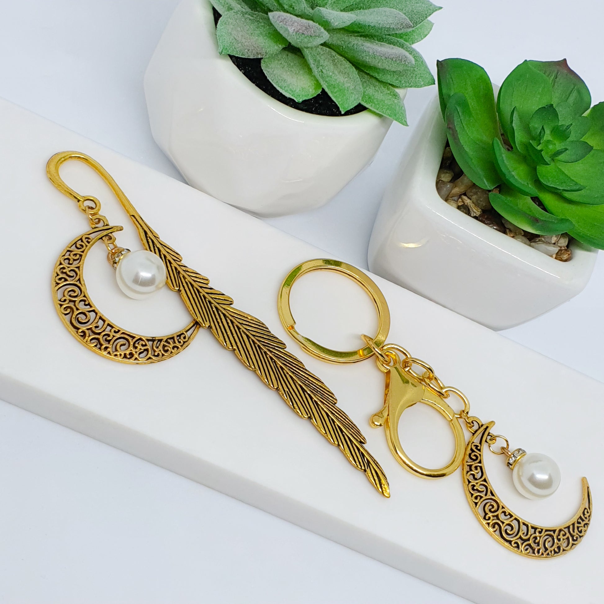 Gold glass pearl and clear rhinestone crescent leaf bookmark and keychain gift set, end of year, teacher, student
