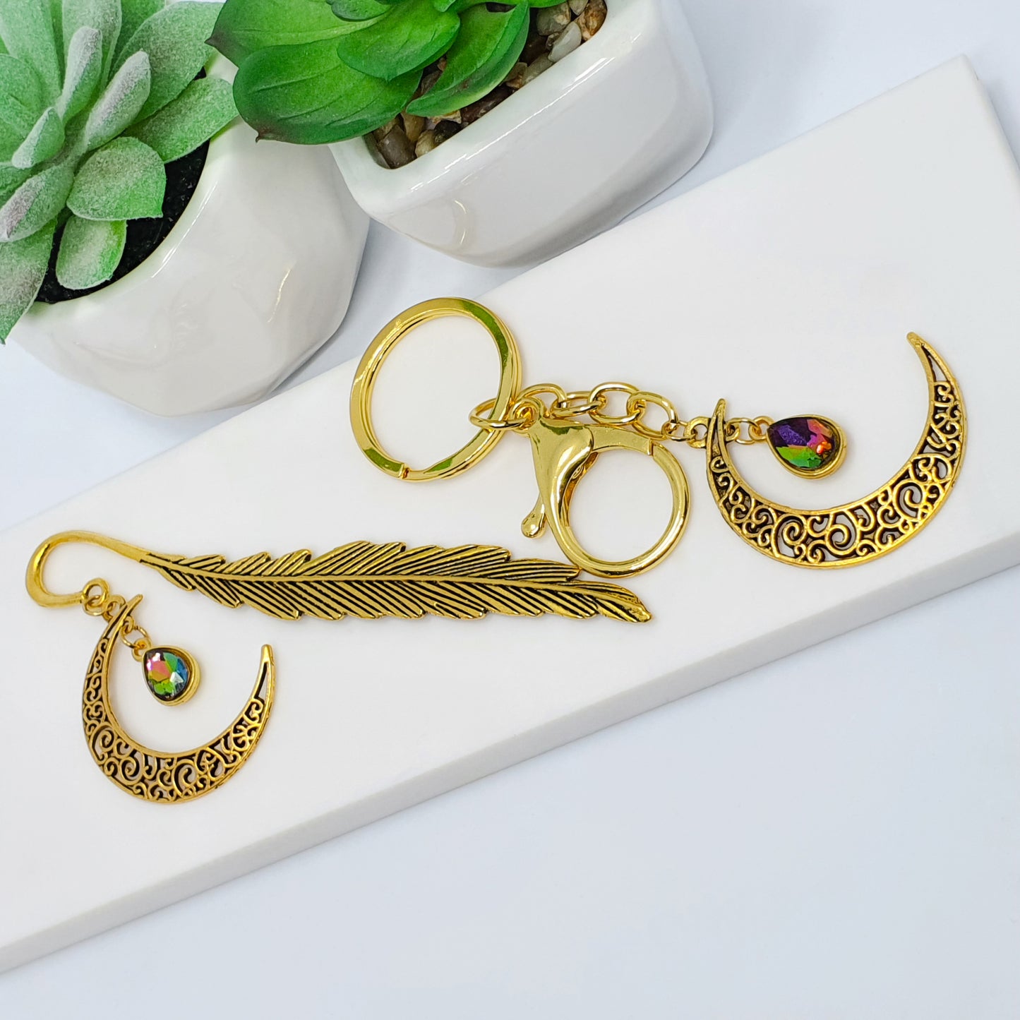 Gold Multi Coloured Northern Lights (pink, yellow and green) crescent leaf bookmark and keychain gift set, end of year, teacher, student