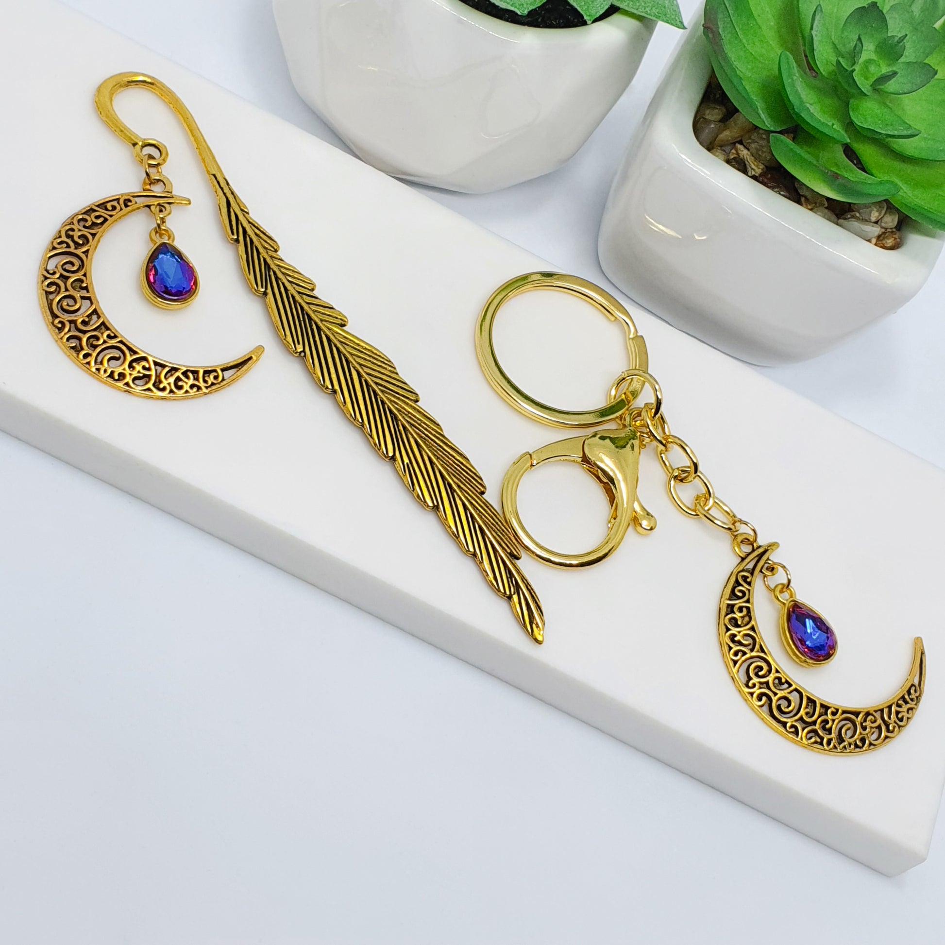 Gold Multi Coloured Sunset (purple, pink and blue) crescent leaf bookmark and keychain gift set, end of year, teacher, student